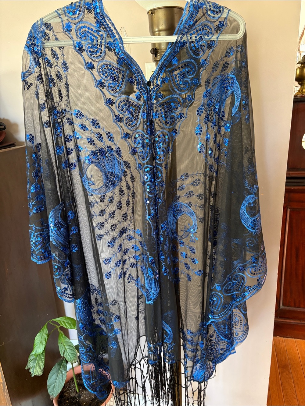 Blue Embroidered Sheer Draped Women's Top - Elegant Evening Cover-Up